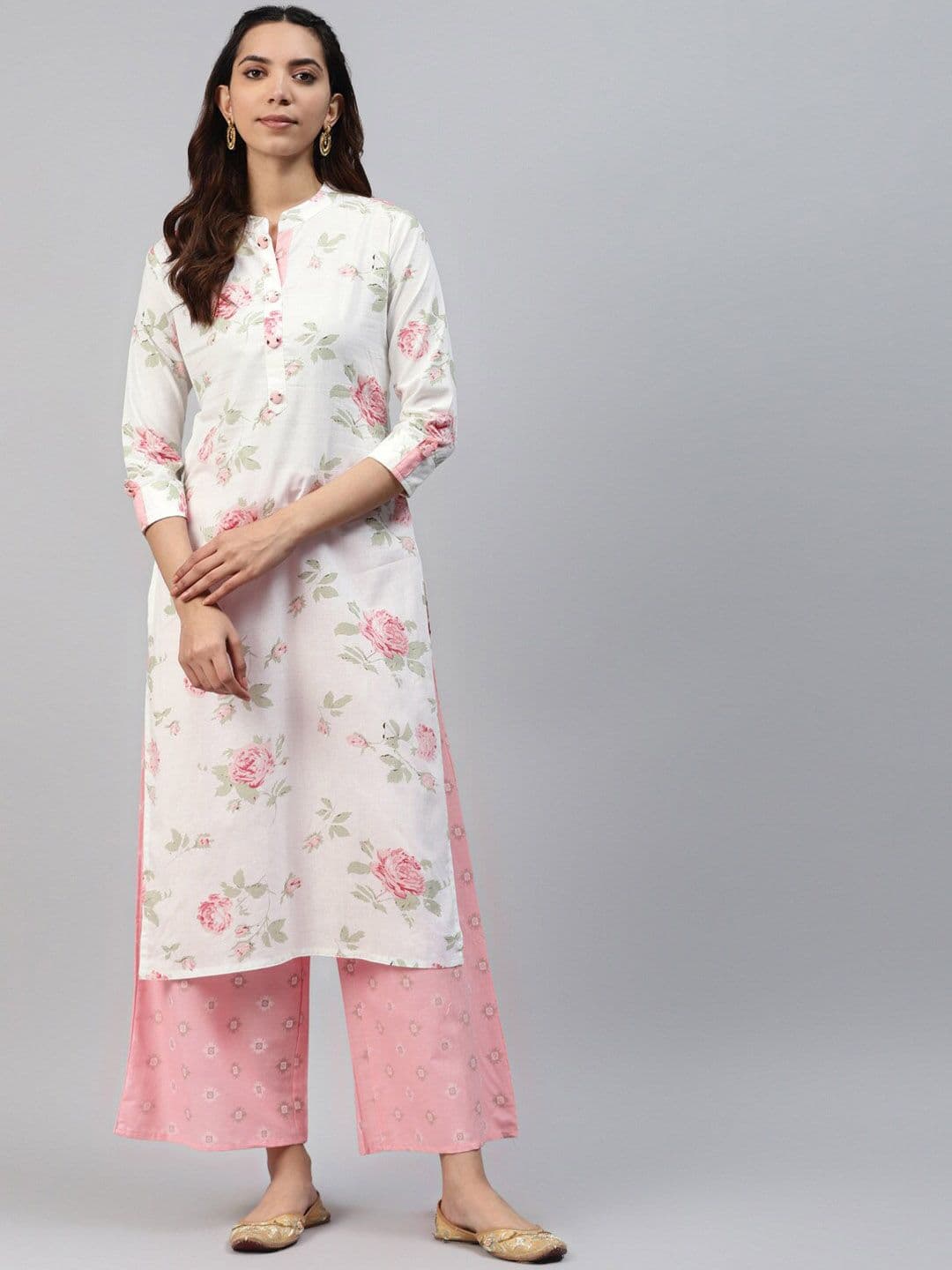 KALINI Floral Printed Mandarin Collar Pure Cotton Kurta with Palazzos - view 1