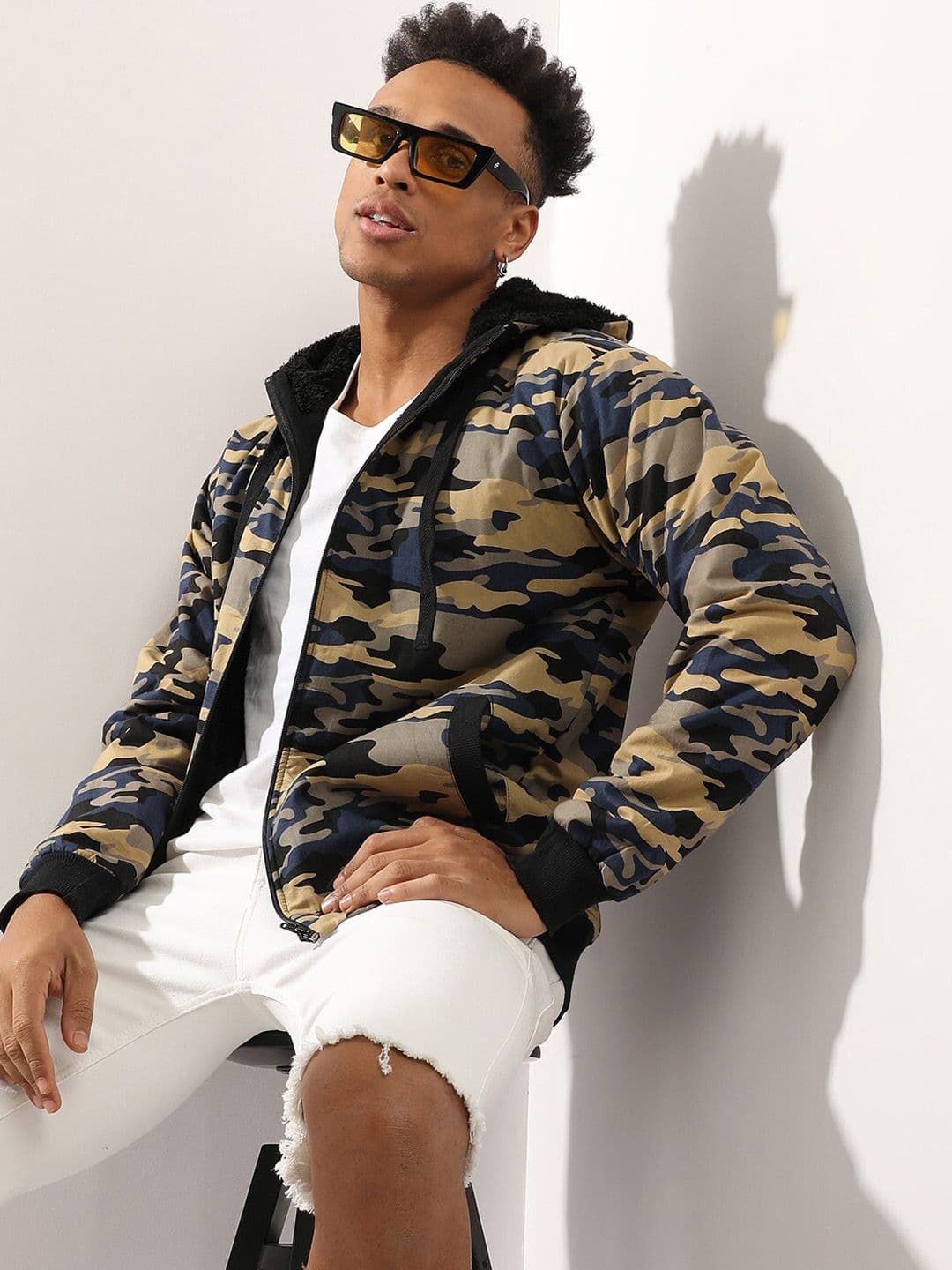 CAHOOT Men Navy Blue Camouflage Windcheater Outdoor Bomber with Patchwork Jacket - view 1