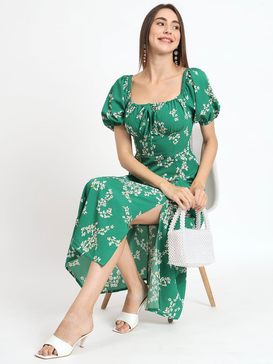 ANVI Be Yourself Floral Printed Puff Sleeves Smocked Fit & Flare Midi Dress - view 1