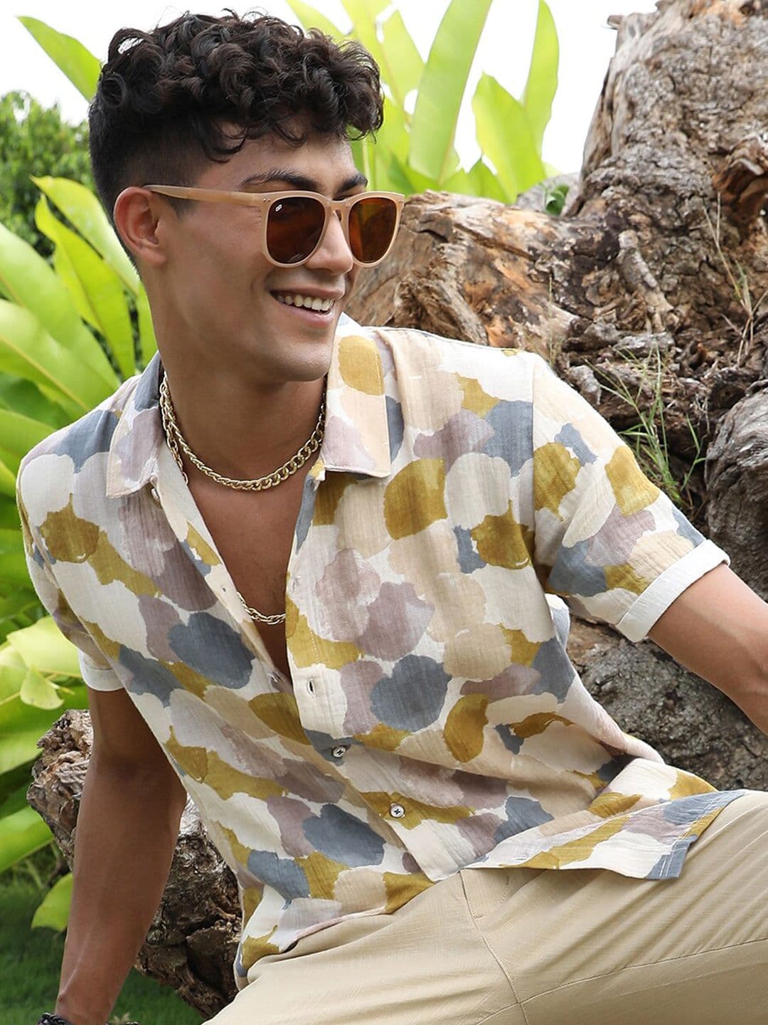 CAHOOT Off White & Olive Classic Abstract Printed Spread Collar Cotton Casual Shirt - view 1