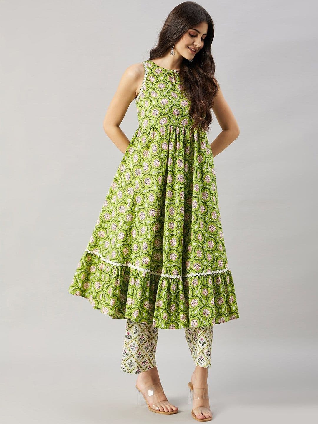 WineRed Floral Printed Sleeveless Empire Anarkali Pure Cotton Kurta With Salwar - view 1