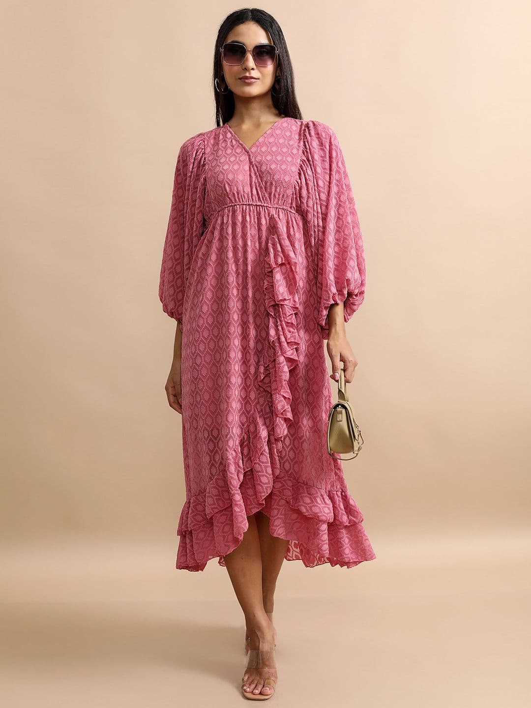 Tokyo Talkies Rose Self Design Ruffles A-Line Midi Dress - view 1