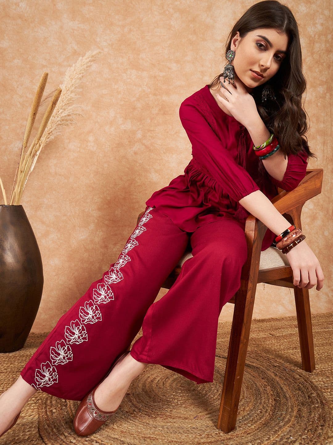 Sangria Embroidered Top With Palazzo Co-Ords - view 1