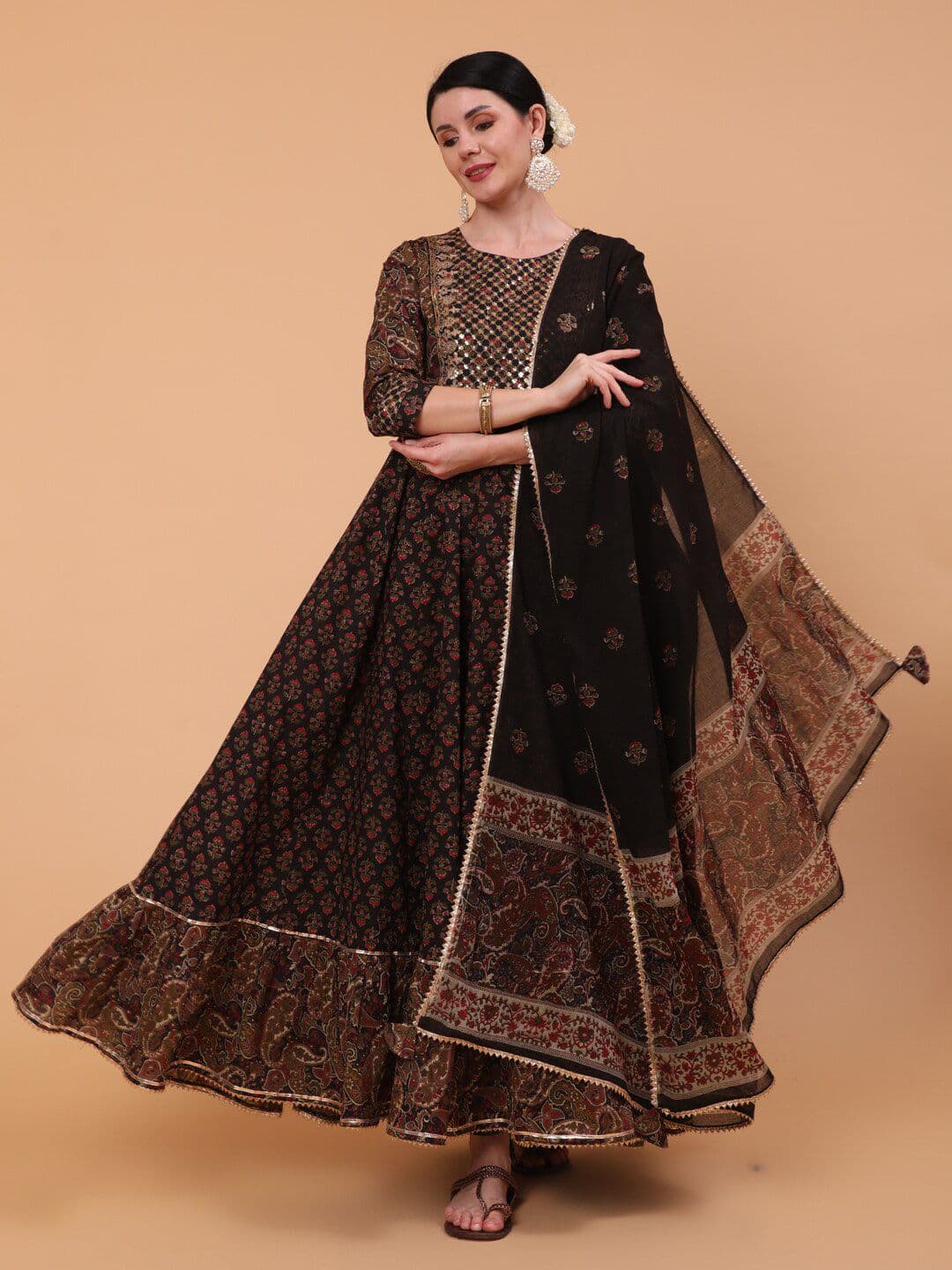 KIMAYRA Ethnic Motifs Printed Gotta Patti Fit & Flare Cotton Ethnic Dress With Dupatta - view 1