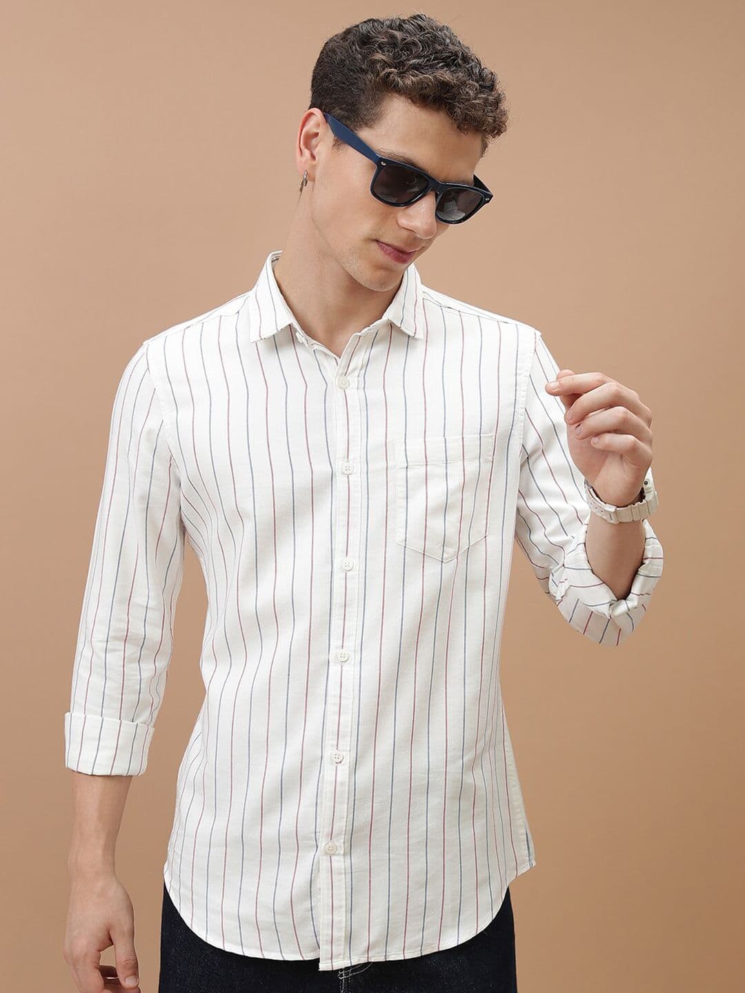 HIGHLANDER White Striped Slim Fit Opaque Cotton Casual Shirt - view 1