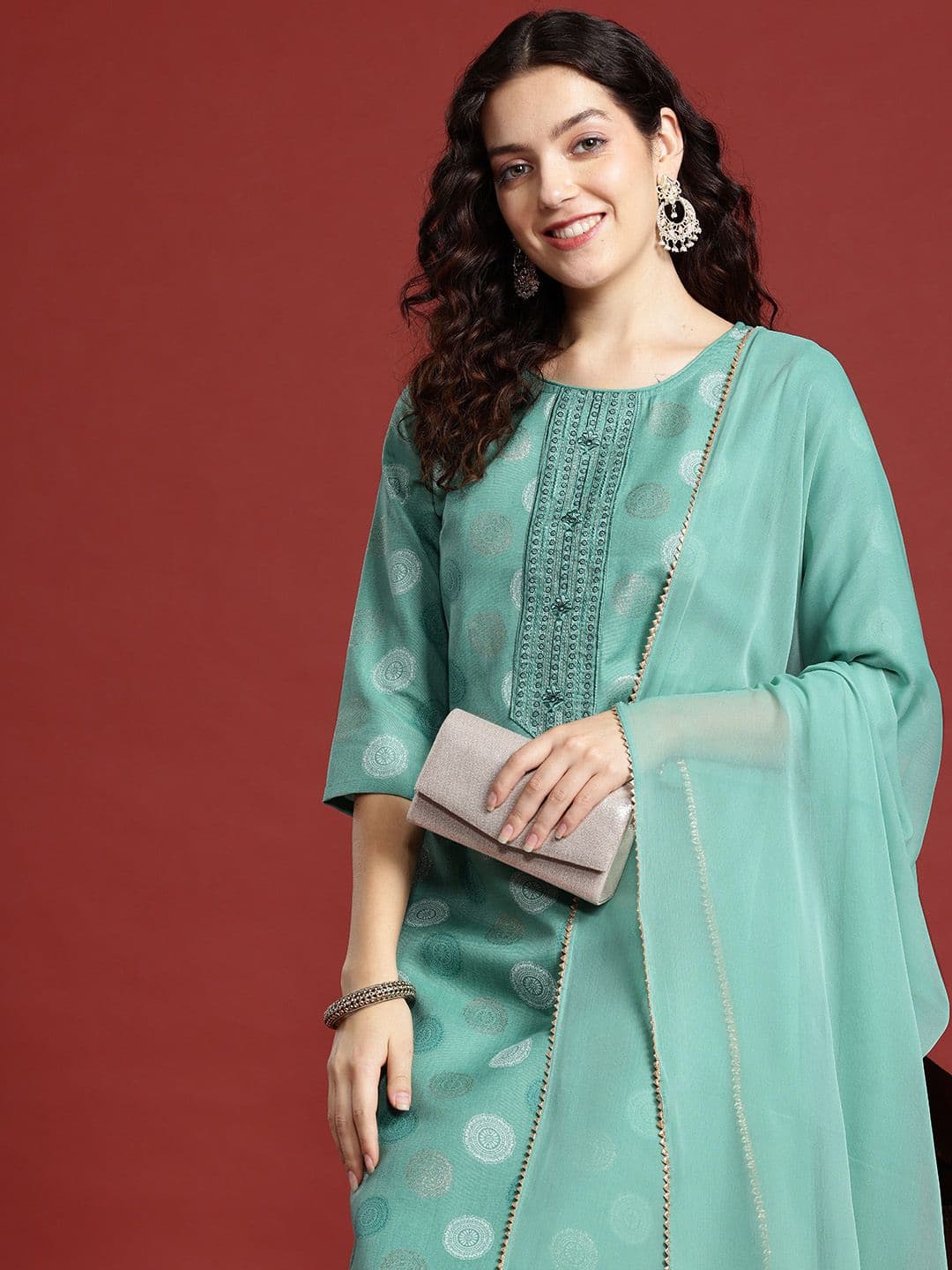 Anouk X fwd Ethnic Motifs Foil Printed Regular Sequinned Kurta with Trousers & Dupatta - view 1