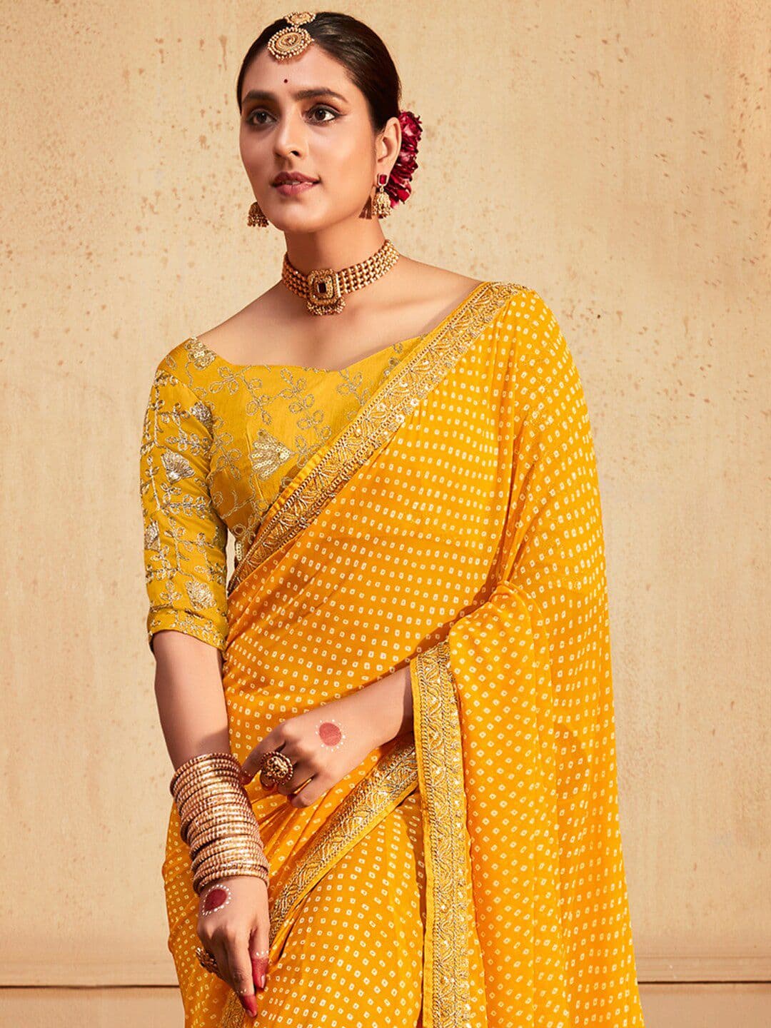 Mitera Yellow White Bandhani Printed Embroidered Poly Georgette Bandhani Saree - view 1