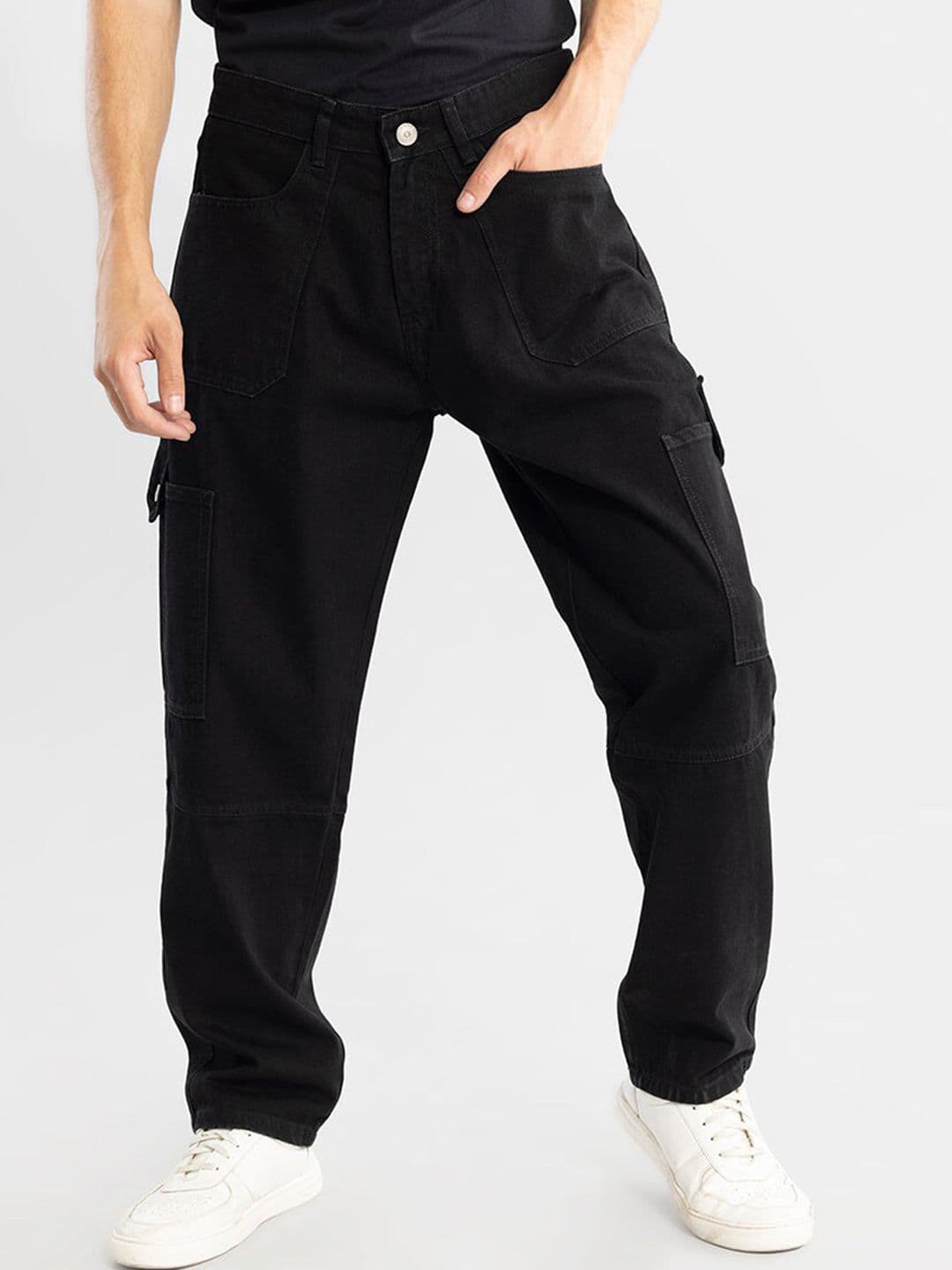Snitch Men Black Pure Cotton Baggy Cargo Loose Fit Jeans - view 1