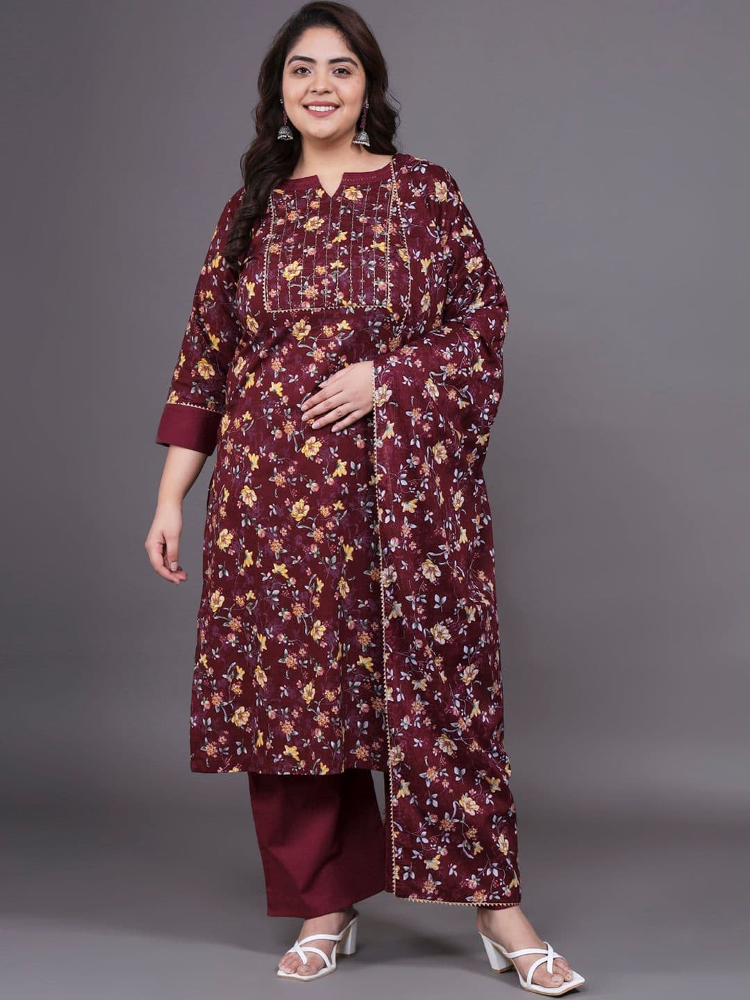 Tissu Plus Size Floral Printed Pure Cotton Straight Kurta With Palazzos & Dupatta - view 1