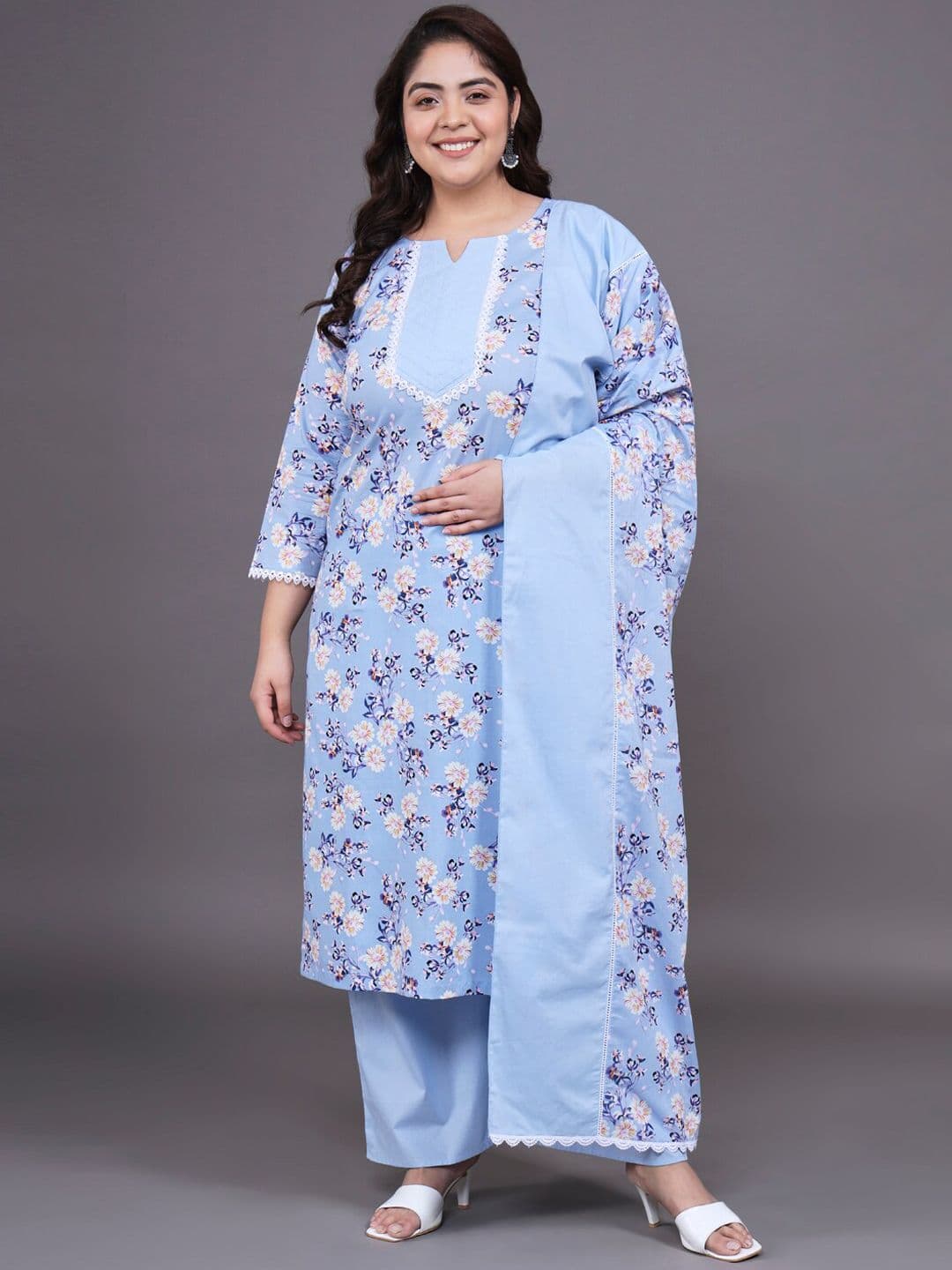 Tissu Plus Size Floral Printed Pure Cotton Straight Kurta With Palazzos & Dupatta - view 1