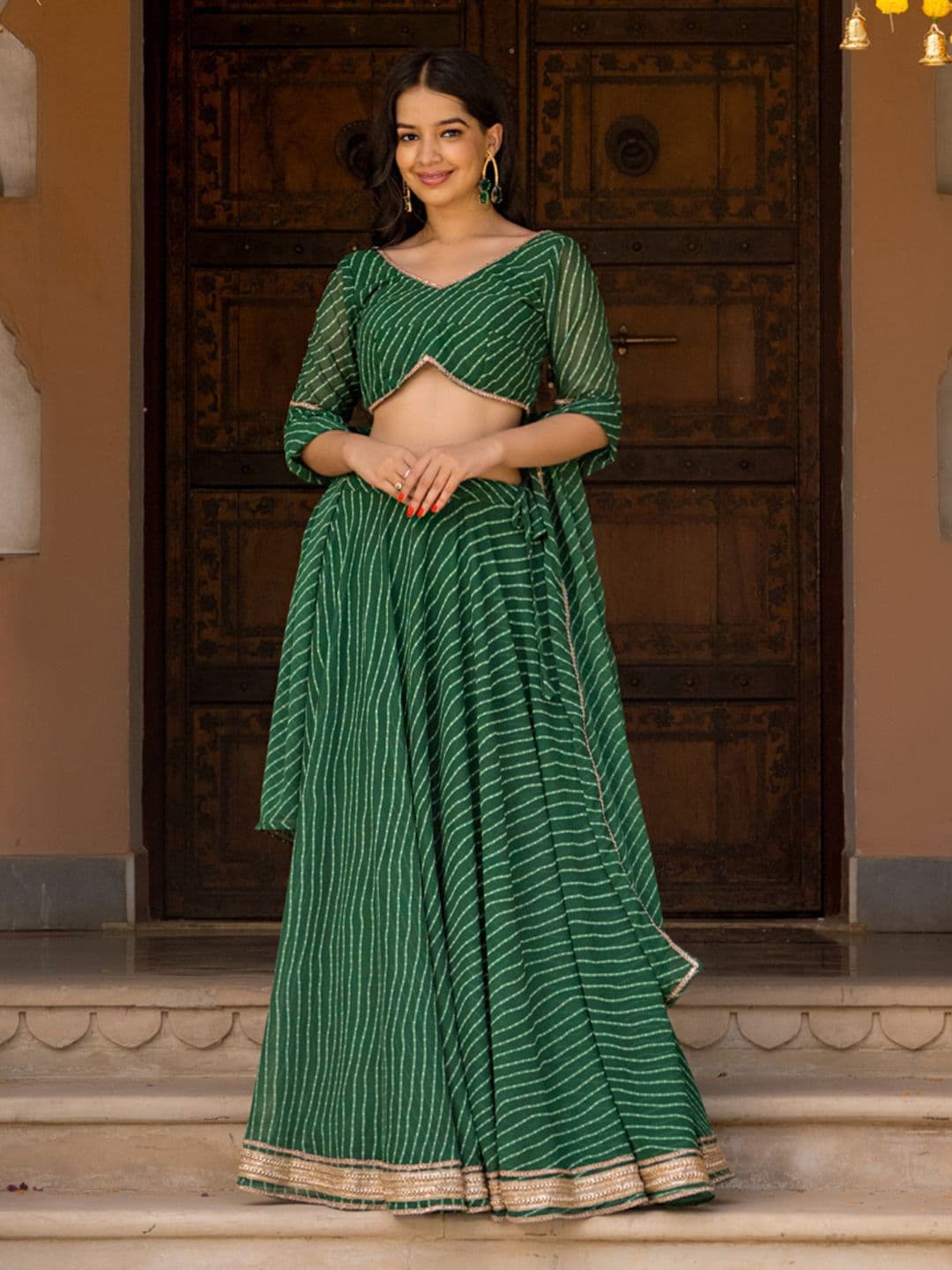 HOUSE OF JAMOTI White Leheriya Printed Ready to Wear Lehenga & Blouse With Dupatta - view 1