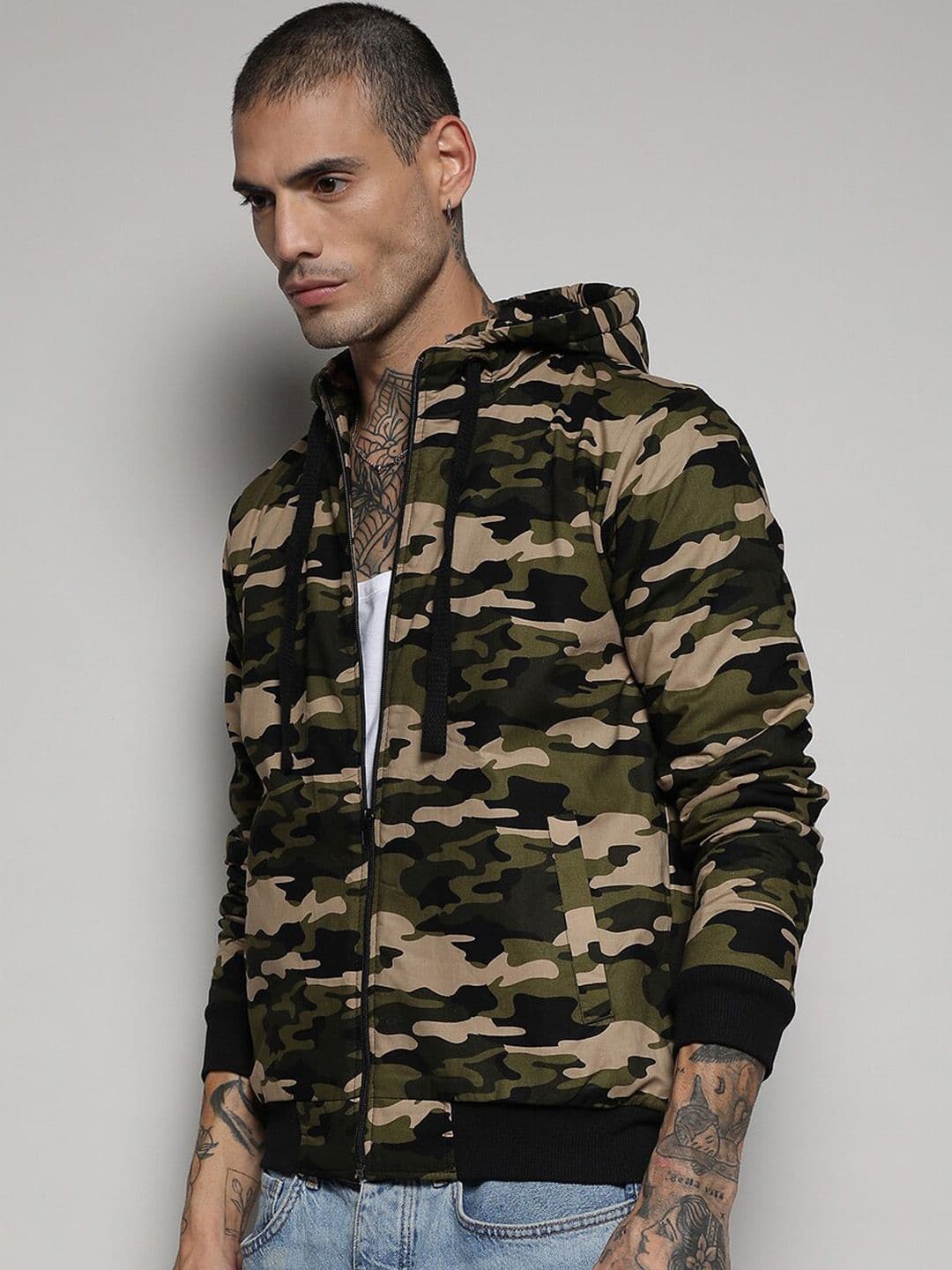 CAHOOT Campus Sutra Green Camouflage Windcheater Hooded Bomber Jacket - view 1