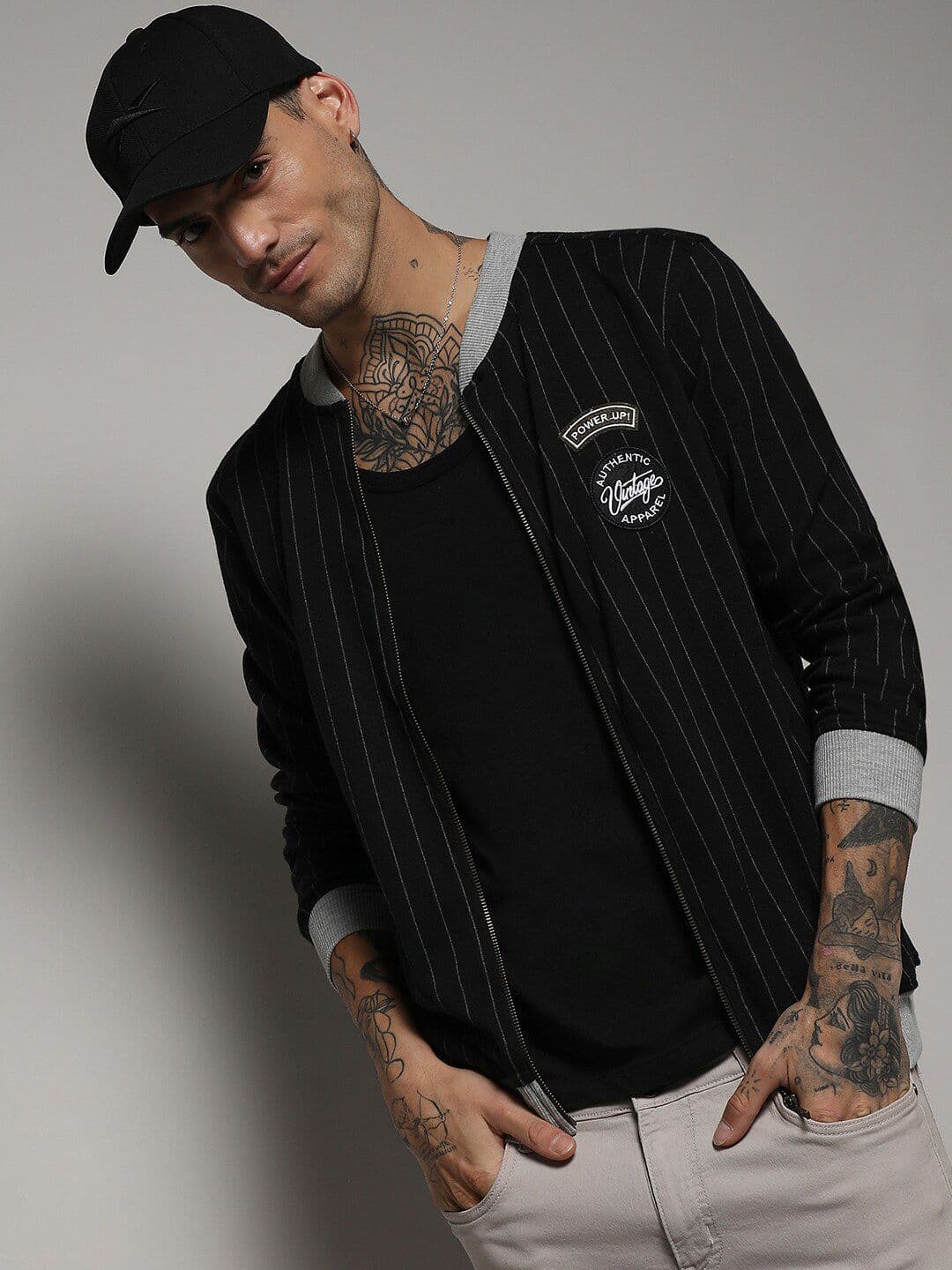 CAHOOT Campus Sutra Navy Blue Striped Windcheater Bomber Jacket - view 1