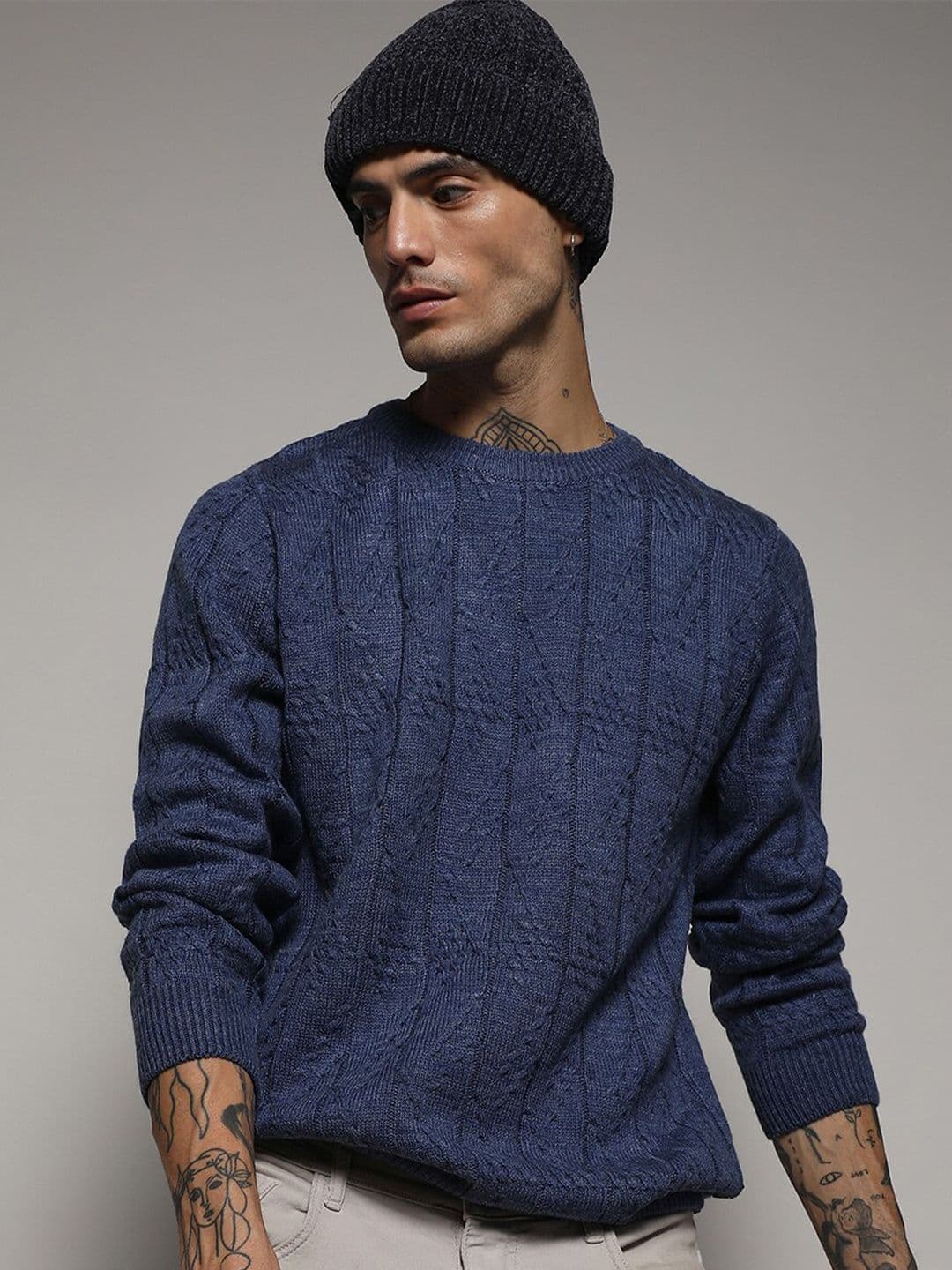 CAHOOT Blue Cable Knit Self Design Woollen Pullover - view 1