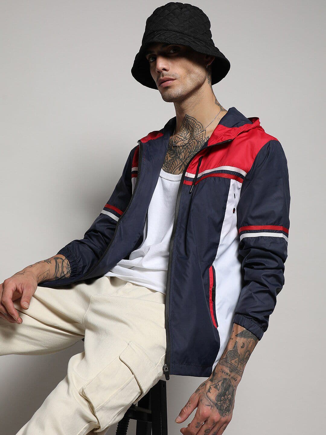 CAHOOT Navy Blue, White & Red Colourblocked Windcheater Outdoor Sporty Jacket - view 1