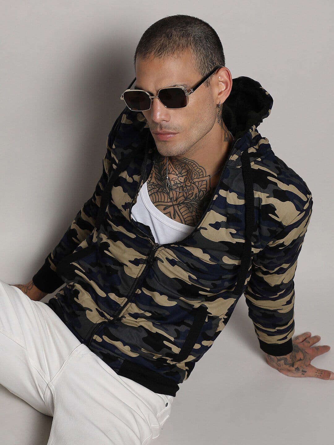 CAHOOT Campus Sutra Navy Blue & Beige Camouflage Windcheater Outdoor Bomber Jacket - view 1