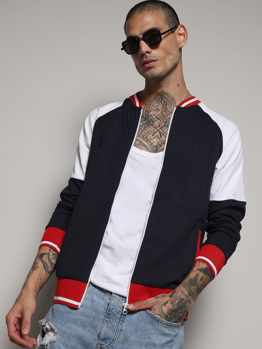 CAHOOT Campus Sutra Colourblocked Stand Collar Windcheater Cotton Varsity Jacket - view 1