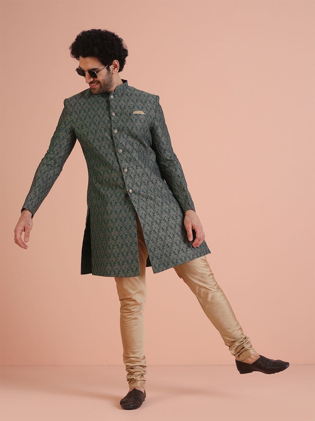 KISAH Printed Mandarin Collar Sherwani Set - view 1