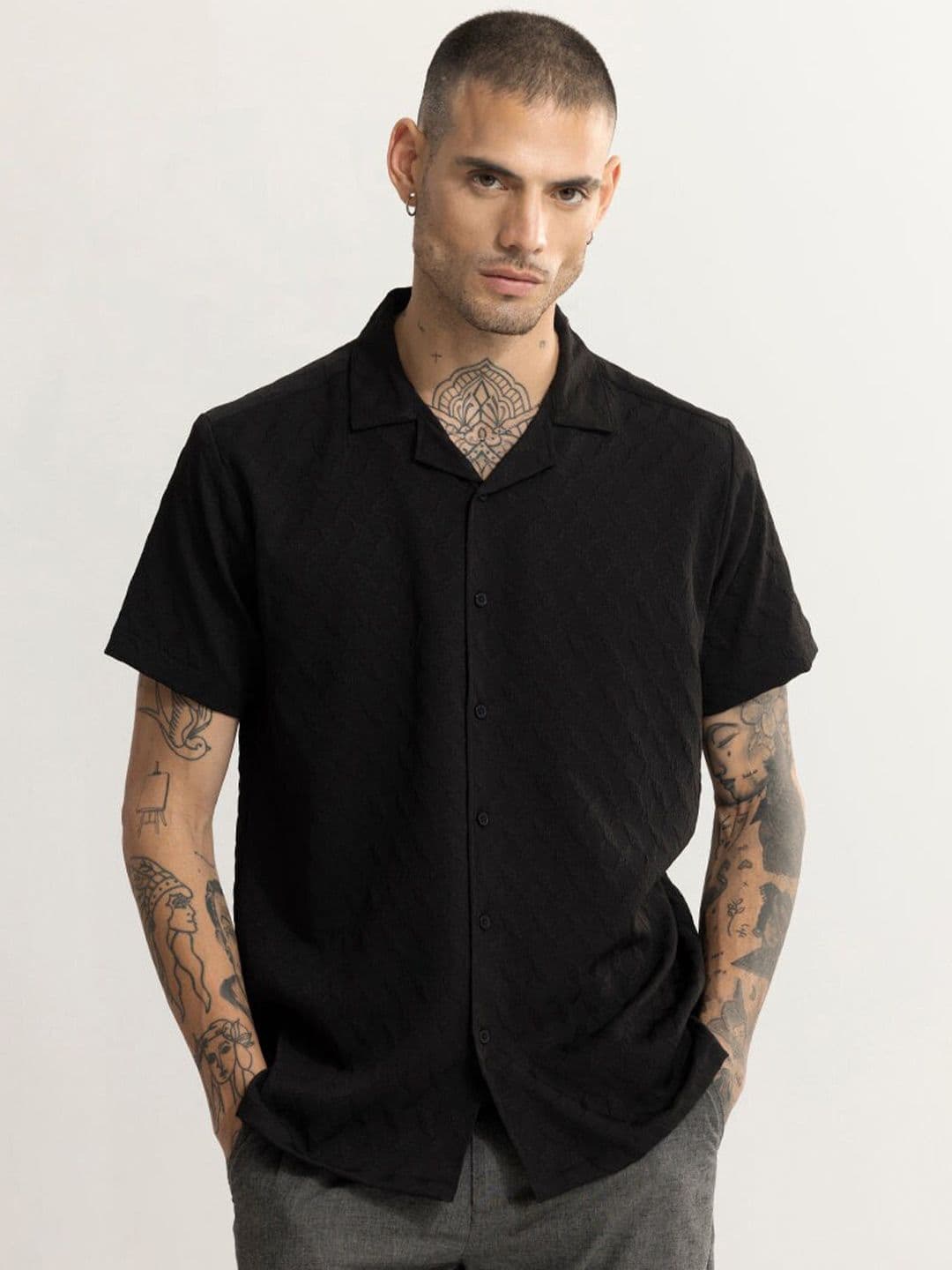 Snitch Black Classic Boxy Fit Self Design Casual Shirt - view 1
