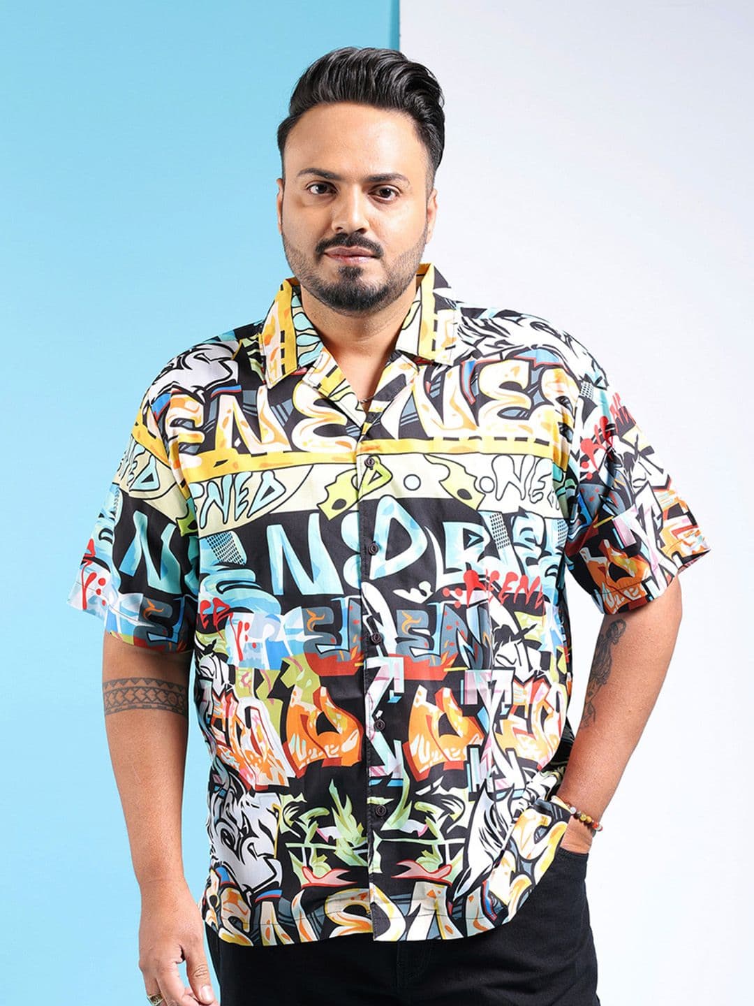 Hardsoda by The Indian Garage Co Plus Size Typography Printed Cuban Collar Casual Shirt - view 1