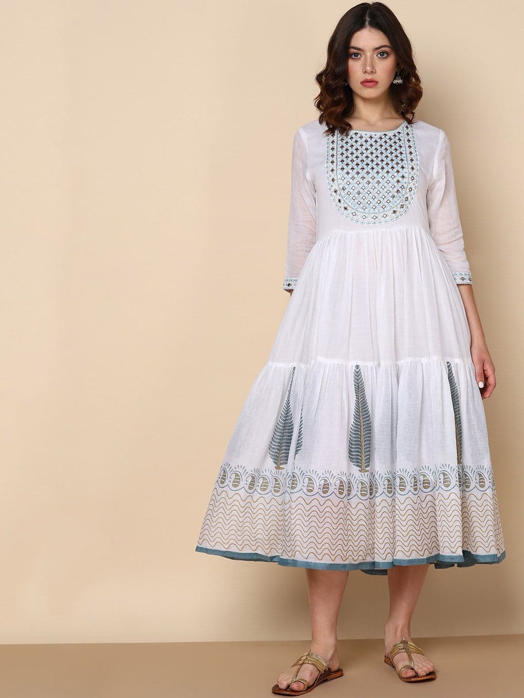 Maaesa White Ethnic Motifs Printed Cotton Fit & Flare Dress with Dupatta - view 1