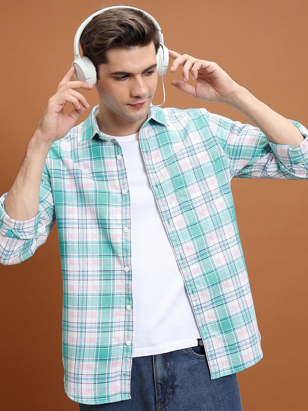HIGHLANDER White & Green Slim Fit Tartan Checked Spread Collar Casual Shirt - view 1