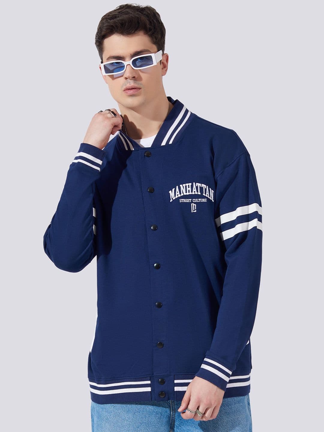 Maniac Mandarin Collar Manhattan Printed Cotton Varsity Jacket - view 1