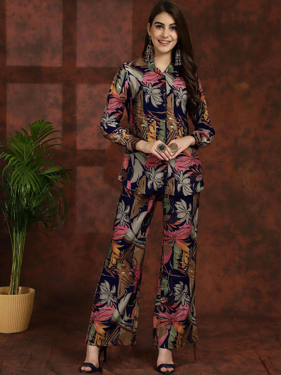 Claura Navy Blue Floral Printed Shirt Collar Tunic With Trousers Co-Ords - view 1