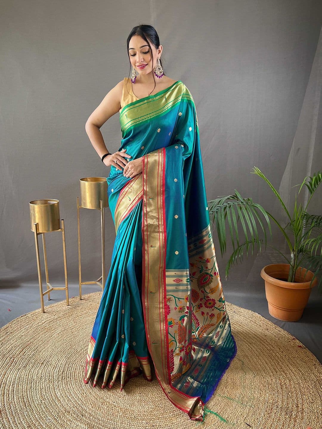 Mitera Teal & Red Ethnic Motifs Woven Design Zari Silk Blend Paithani Saree - view 1