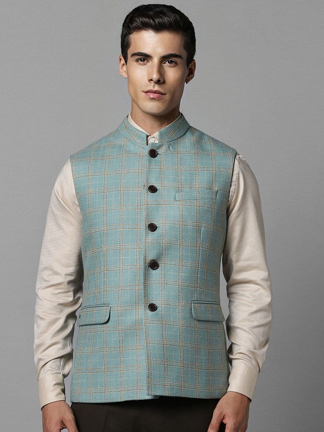 Louis Philippe Checked Mandarin Collar Pure Woollen Nehru Jacket - view 1