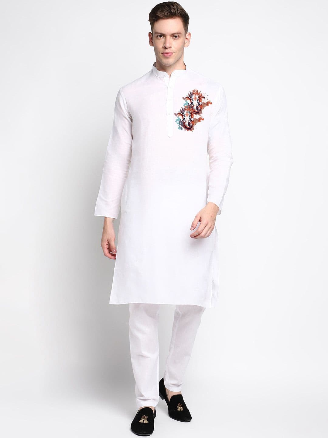 DEVOILER White Lord Ganesha Printed Mandarin Collar Long Sleeves Straight Kurta - view 1