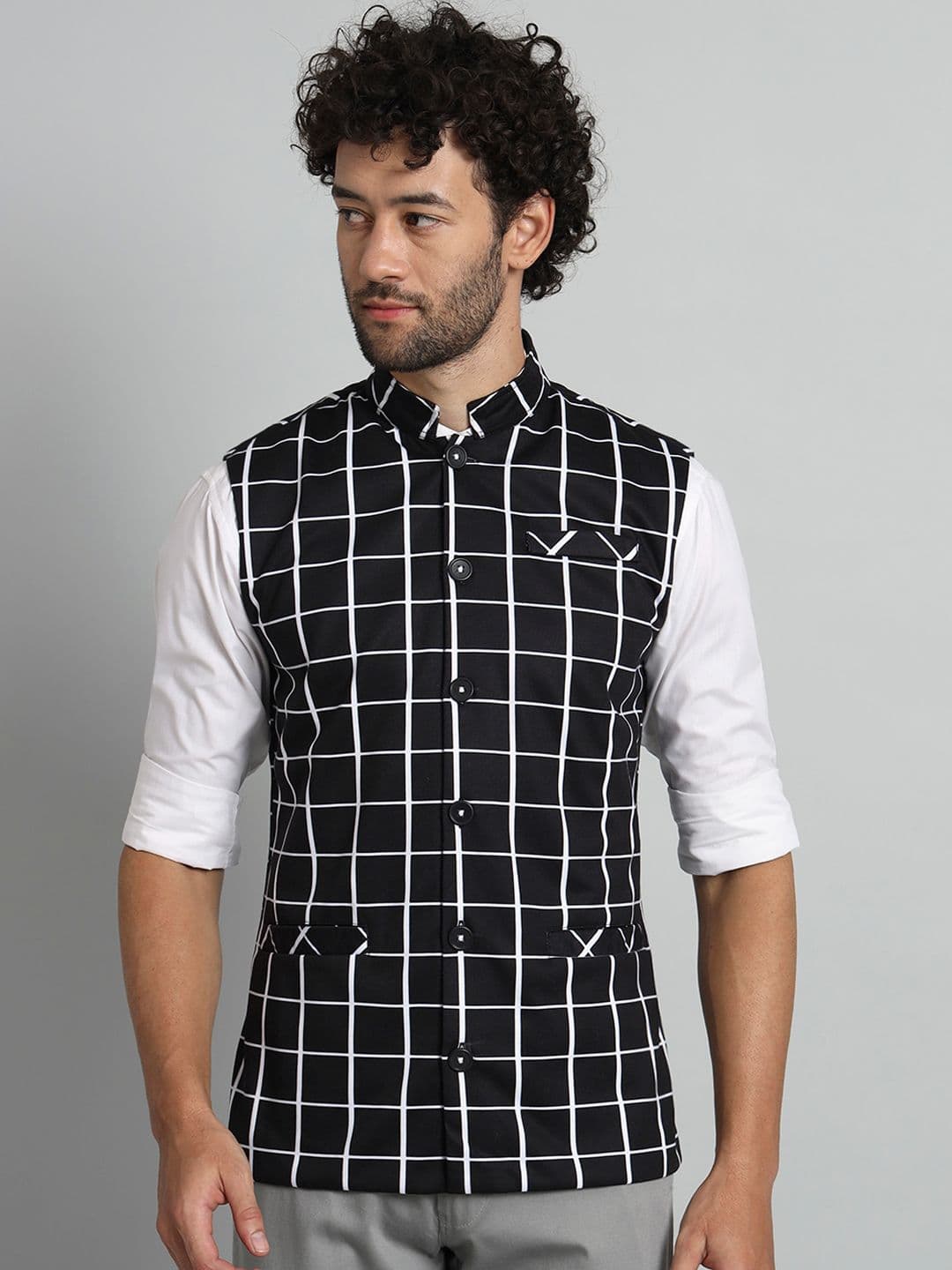 BAESD Checked Mandarin Collar Nehru Jacket - view 1