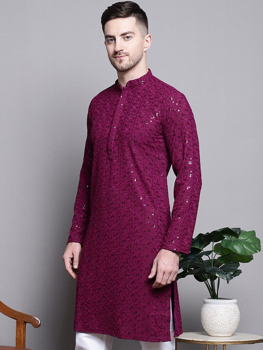 Jompers Ethnic Motifs Embroidered Mandarin Collar Thread Work Cotton Straight Kurta - view 1
