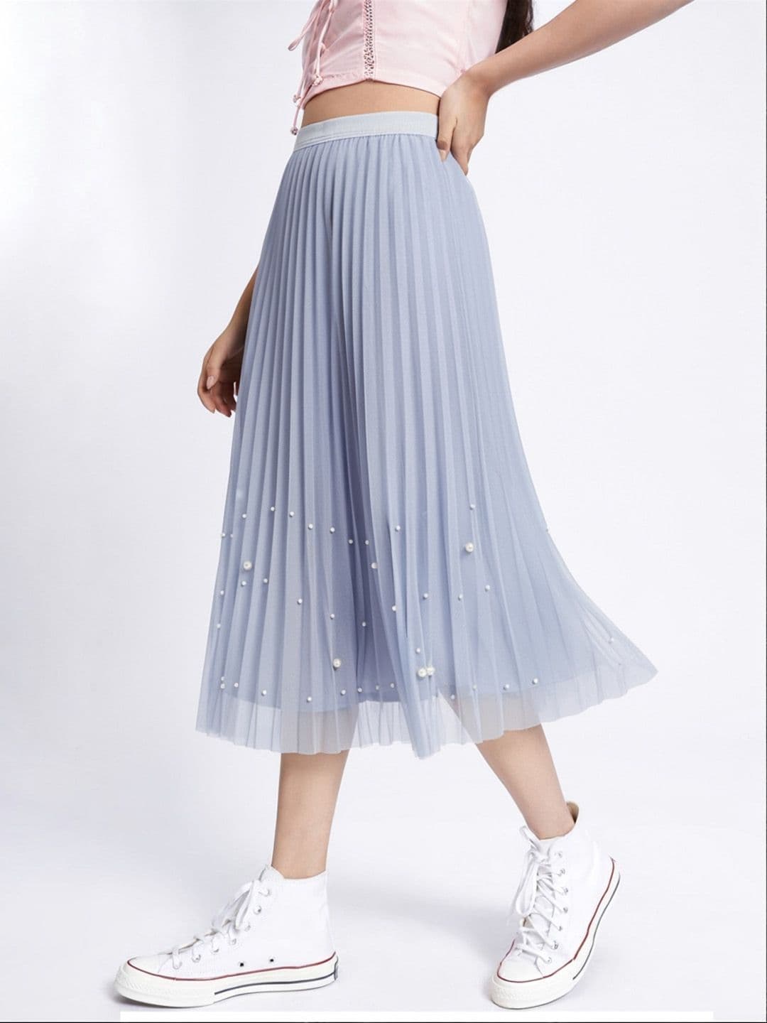 StyleCast Blue Pleated Embellished Flared Midi Skirt - view 1