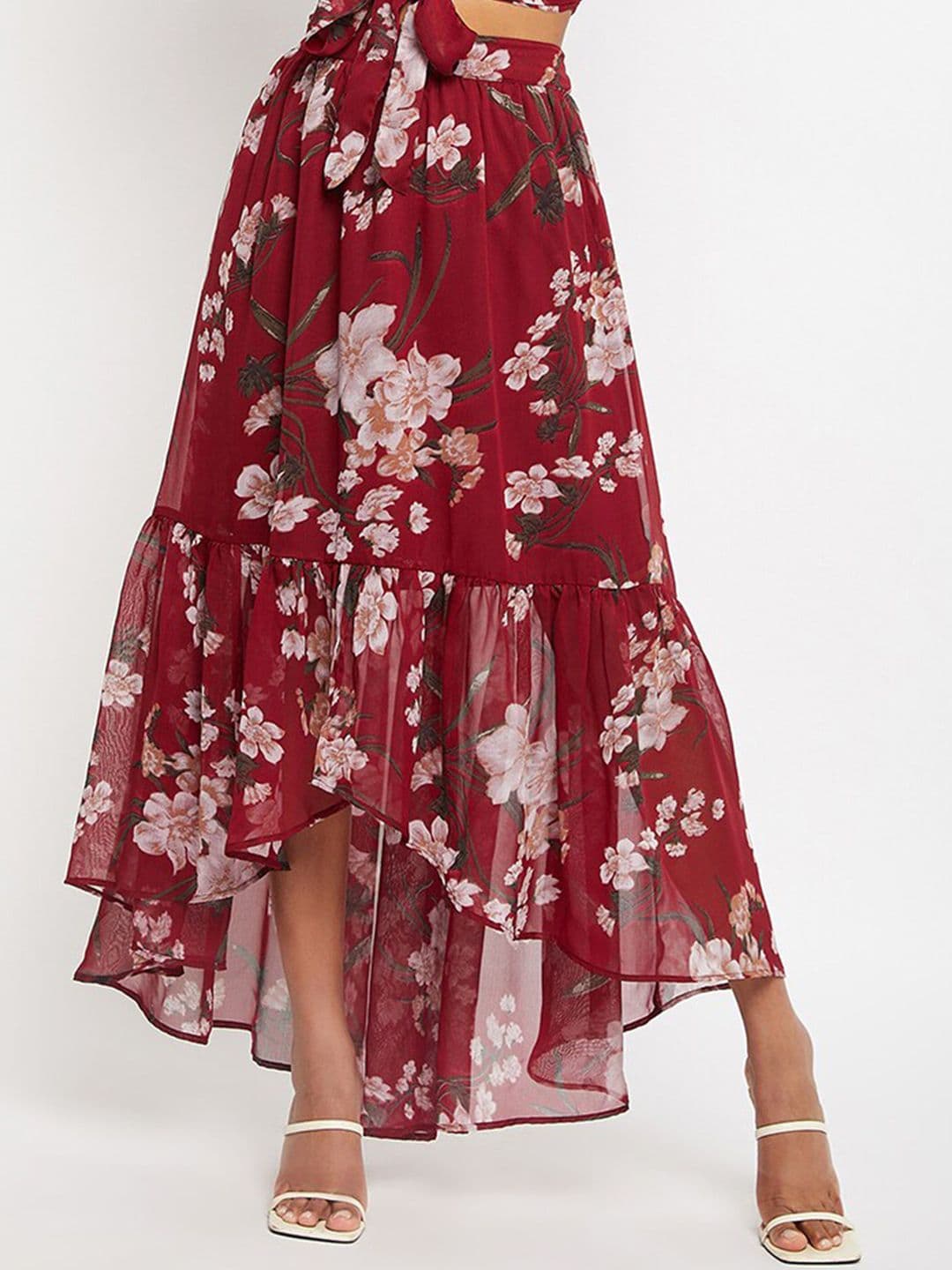 Bitterlime Floral Printed Flared Tie-Up Maxi Skirt - view 1