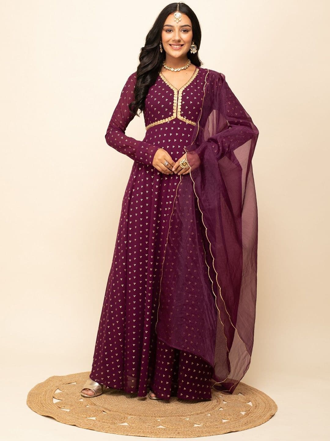 FIORRA Geometric Printed V-Neck Georgette Fit and Flare Maxi Ethnic Dress with Dupatta - view 1