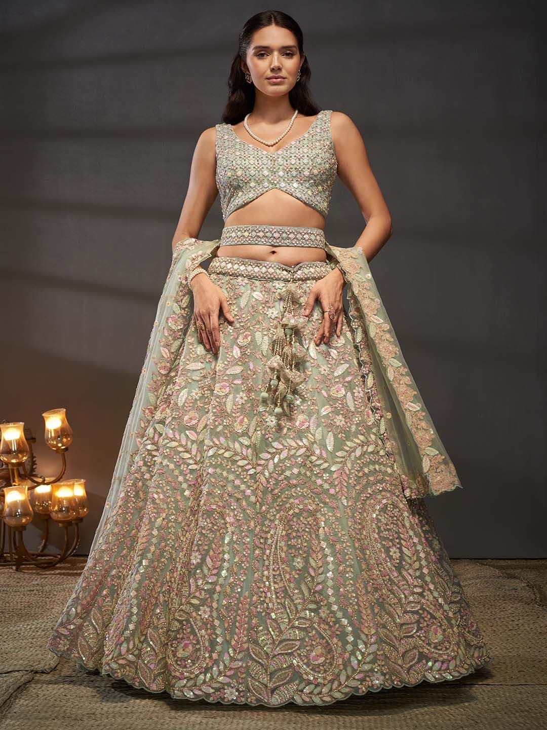 panchhi Green Embroidered Sequinned Semi-Stitched Lehenga & Unstitched Blouse With Dupatta - view 1