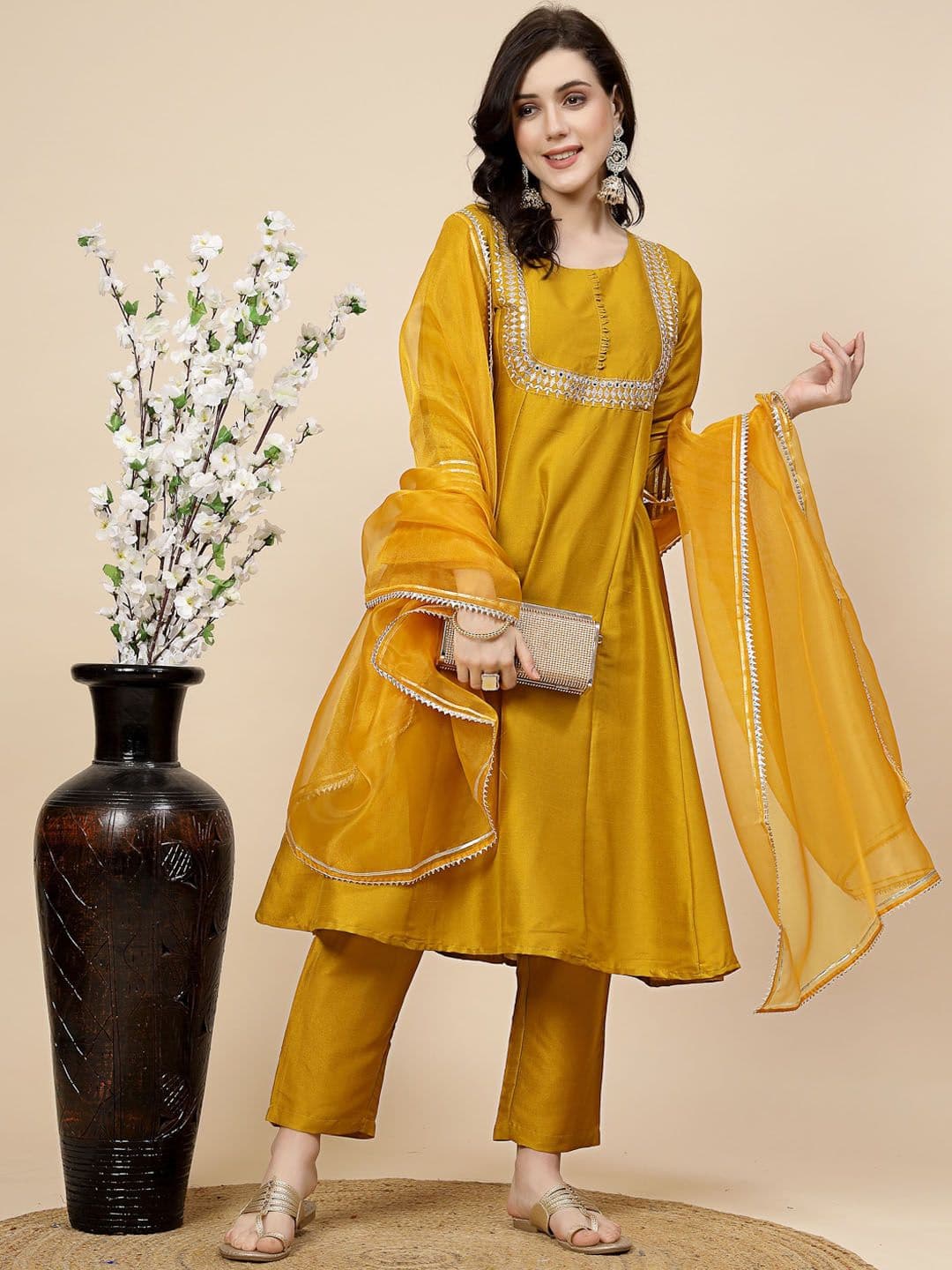 Sangria Burgundy Yoke Design A-Line Kurta And Trousers With Dupatta - view 1