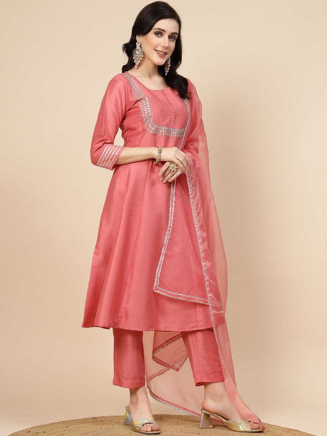 Sangria Peach-Coloured Mirror Work Embroidered Anarkali Kurta & Trousers With Dupatta - view 1