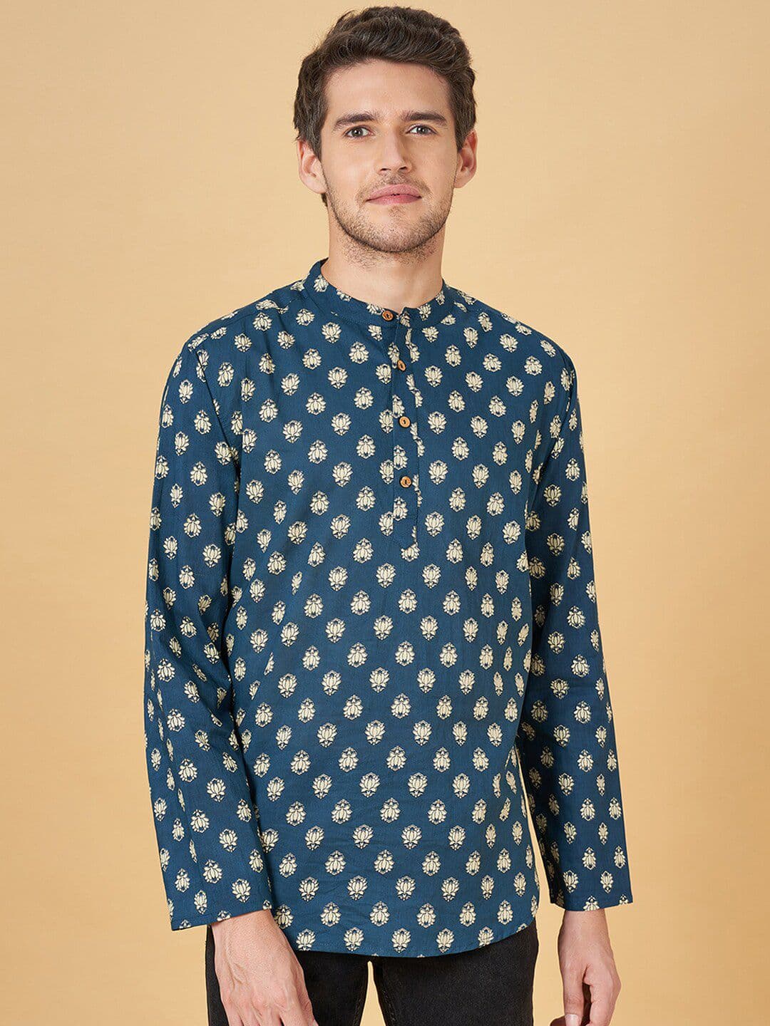 YU by Pantaloons Ethnic Motifs Printed Mandarin Collar Pure Cotton Short Kurta - view 1