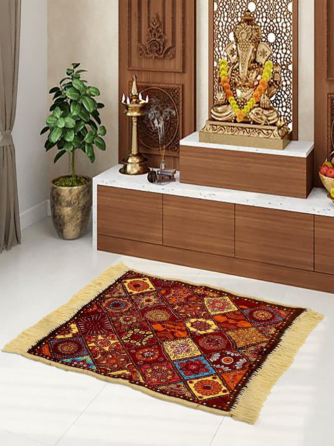 Kuber Industries Maroon & Yellow 2 Pieces Traditional Pattern Velvet Prayer Mats - view 1