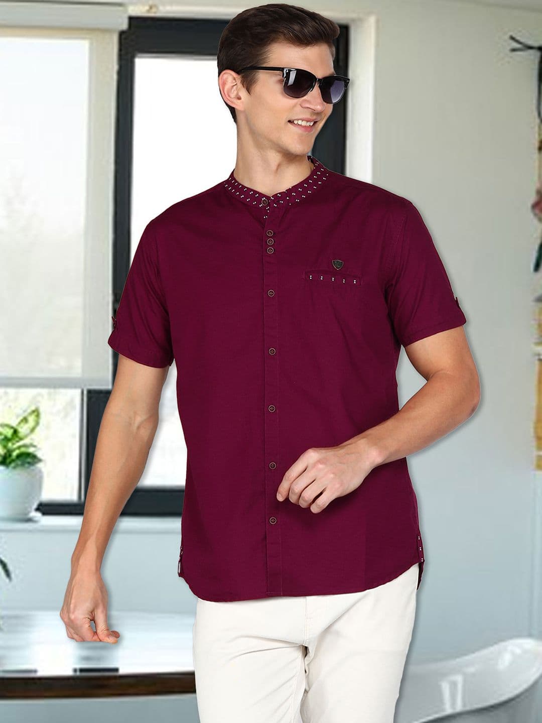 Kuons Avenue Smart Slim Fit Band Collar Linen Casual Shirt - view 1