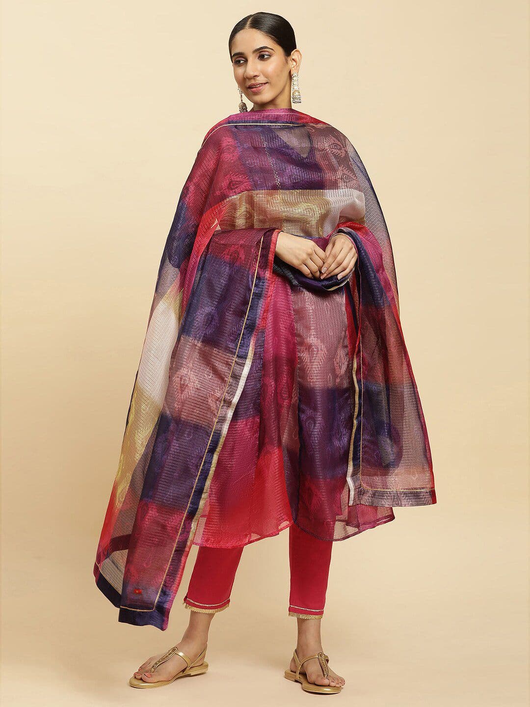 W Fuchsia & Navy Blue Geometric Printed Dupatta - view 1