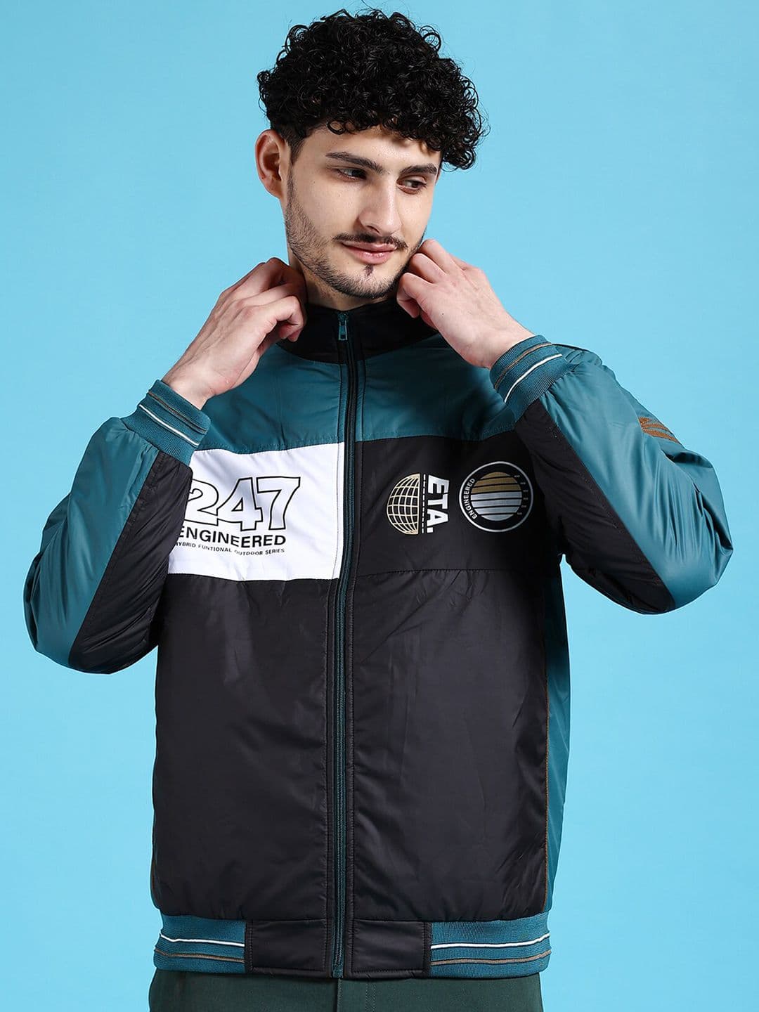 The Indian Garage Co Men Black Longline Outdoor Bomber with Patchwork Jacket - view 1