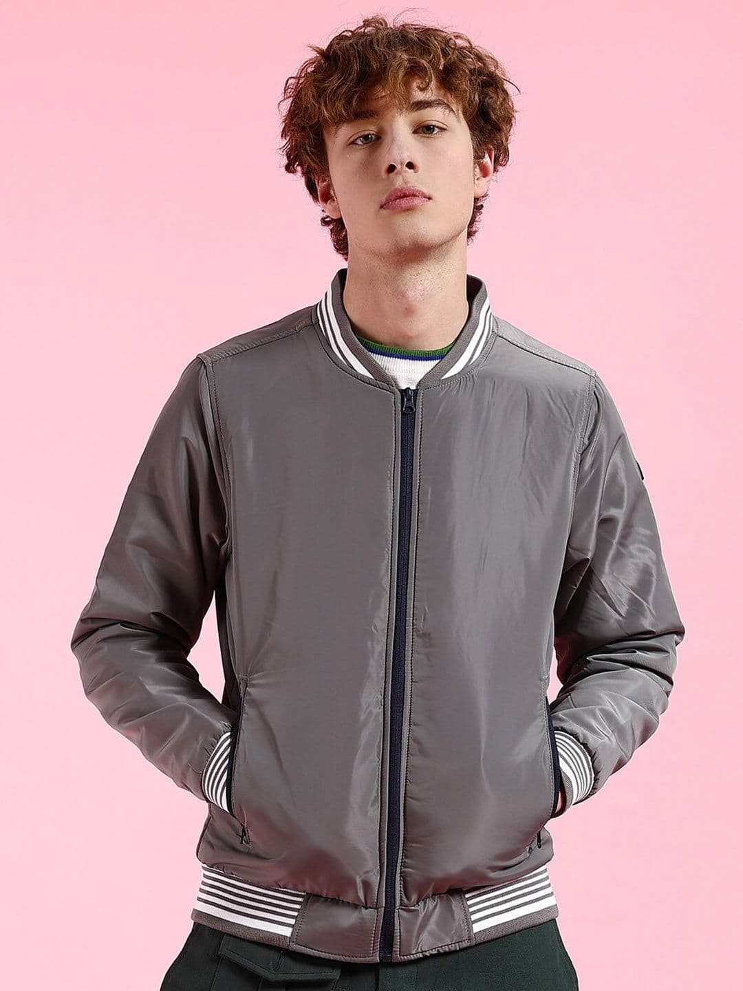 The Indian Garage Co Grey Mock Collar Bomber Jacket - view 1