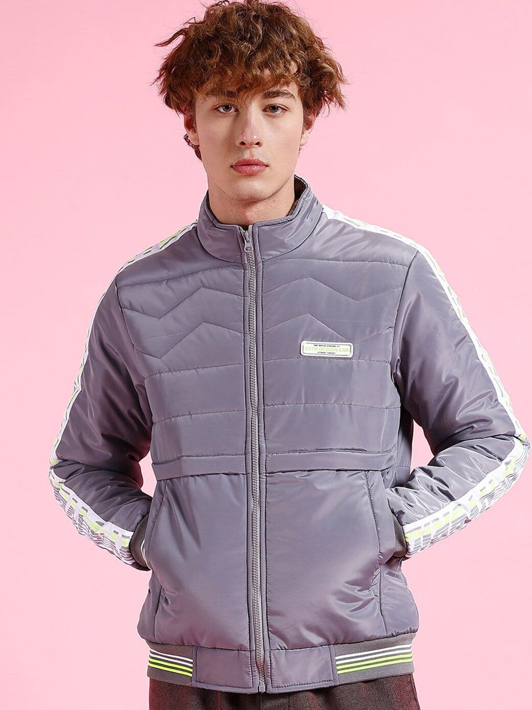 The Indian Garage Co Grey Striped Stand Collar Padded Jacket - view 1
