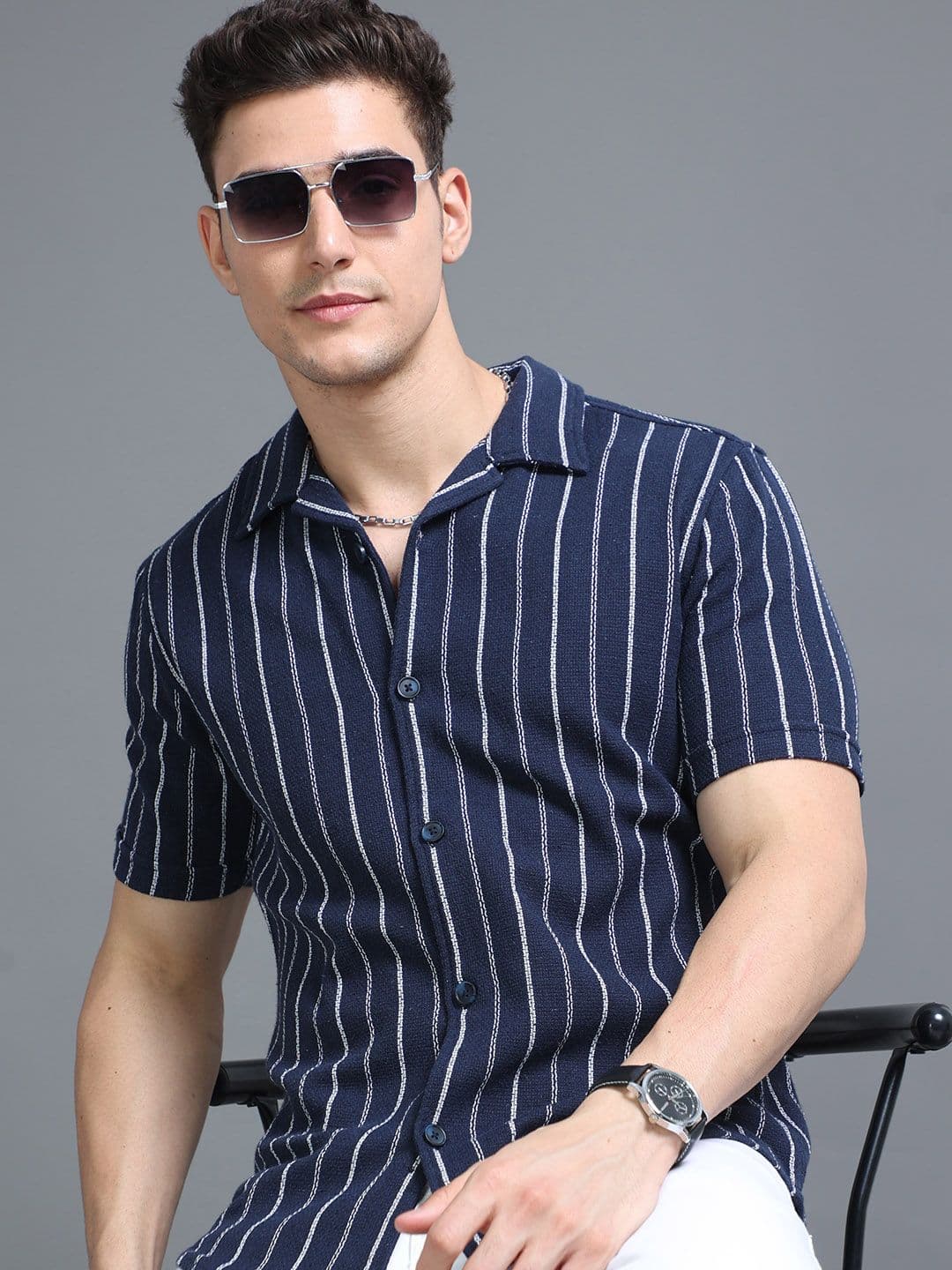 HERE&NOW Striped Cuban Collar Slim Fit Cotton Casual Shirt - view 1