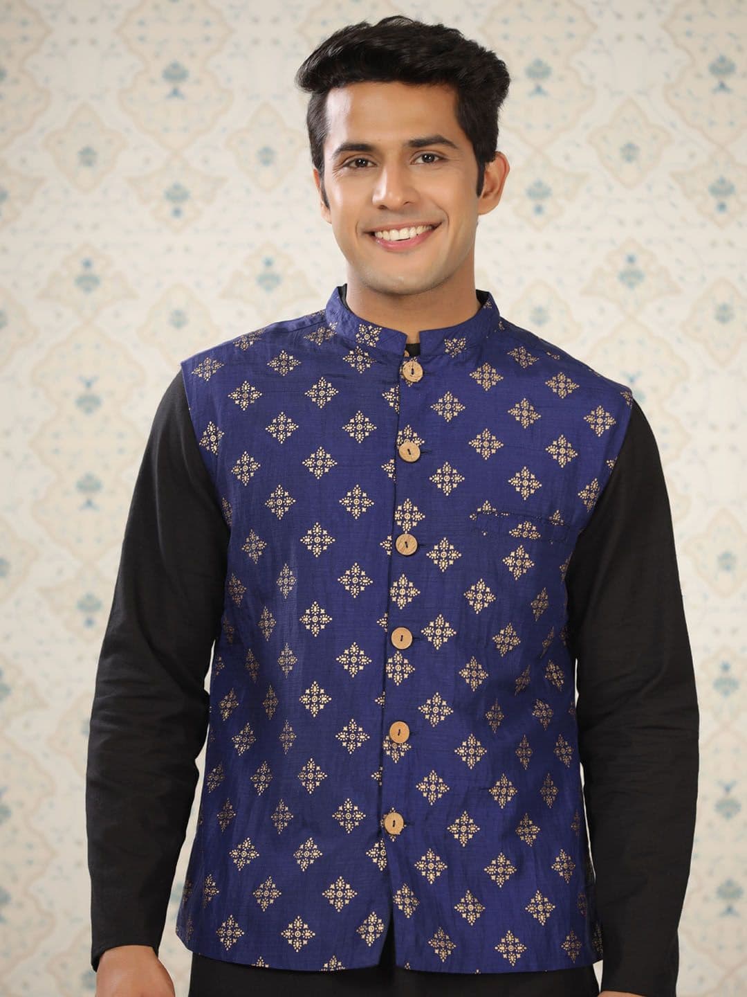 Ode by House of Pataudi Ethnic Motifs Printed Cotton Linen Nehru Jacket - view 1