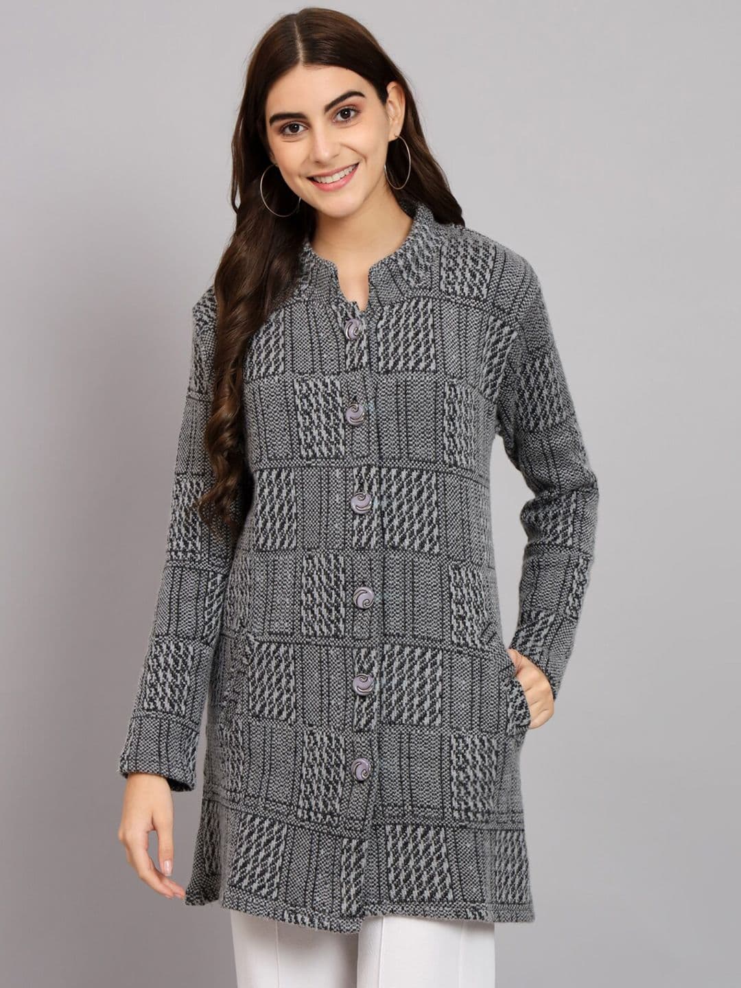 eWools Self Design Woollen Longline Cardigan - view 1