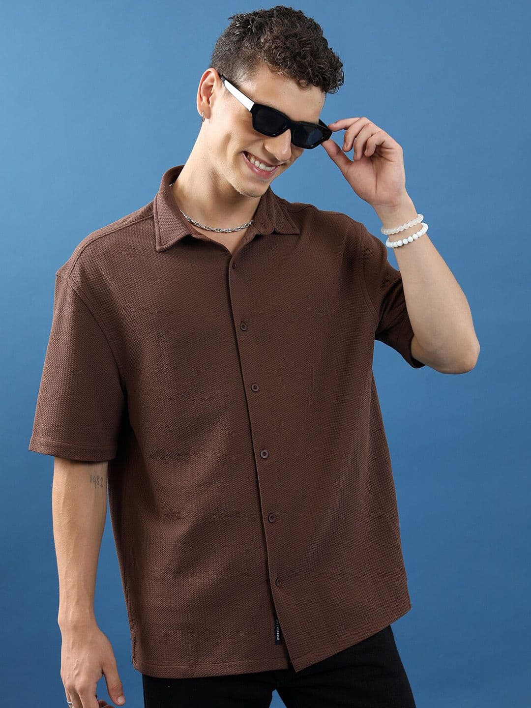 HIGHLANDER Textured Spread Collar Oversized Casual Shirt - view 1